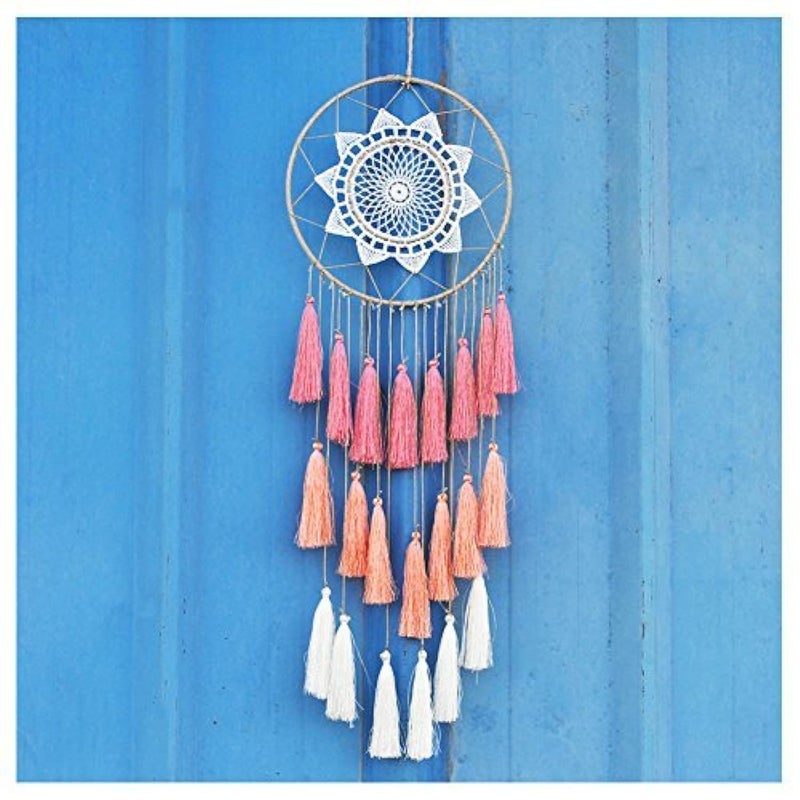 Artilady Macrame Dream Catchers for Bedroom - Tassel Wall Hanging Handmade Dreamcatchers Home Decor with Tassel Feather Ornament Craft Blessing Gift (Pink) - Image 1